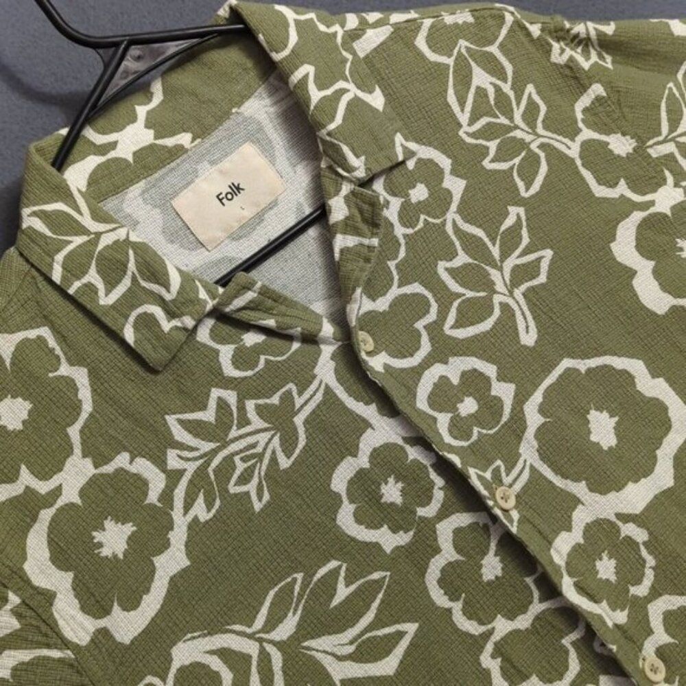 Folk Clothing Shirt Men's L Green Floral Hawaiian Camp Woven Cotton Short Sleeve